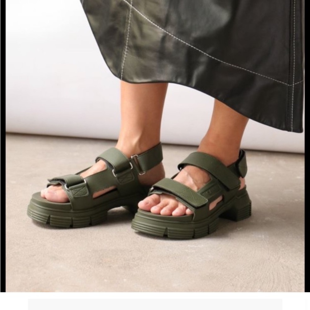 GANNI recycled Chunky Rubber Sandals Olive Green Velcro closure size 36